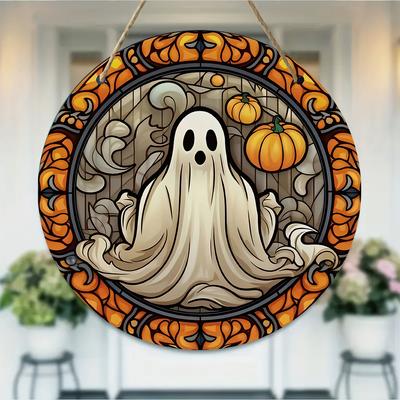 Stained Glass Style Ghost and Pumpkin Print Round Wooden Hanging Plaque Indoor Outdoor Wall Decor Autumn Festive Home Party Decoration