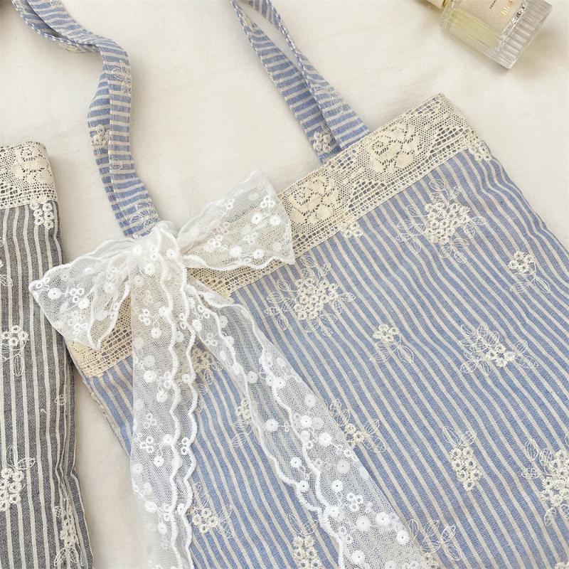 Big Pouch Tote Bag Lace Shoulder Bag With Ribbon Korean Style Simple Canvas Handbag Cloth Kawaii Large Capacity Bag Travel