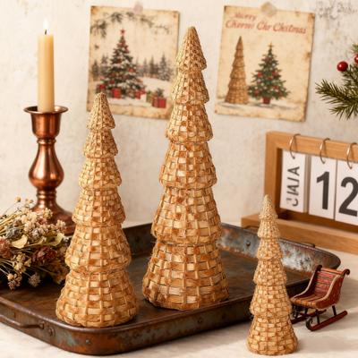 Yousheng Rattan Resin Christmas Tree Cone Natural Rattan Style Tabletop Christmas Tree Figurines for Winter Holiday Entryway Table Mantel Centerpiece