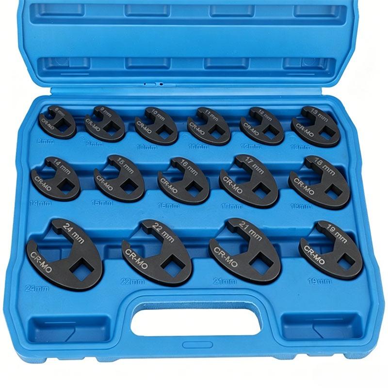 15Pcs Crowfoot Wrench Set for 8-24mm Trumpet Nuts, Suitable for 3/8" and 1/2" Drive Ratchet Extensioners, for Nut Removal