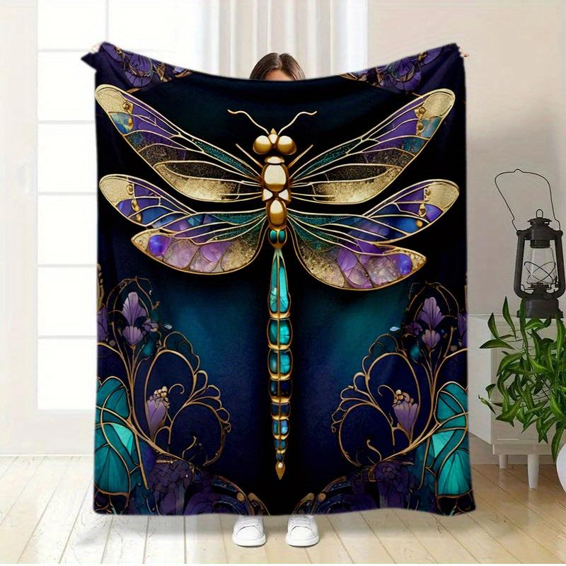 Contemporary Dragonfly Design Flannel Blanket - Polyester Knit, Digital Print Lavender & Teal Dragonfly, All-Season Lightweight 75X95CM