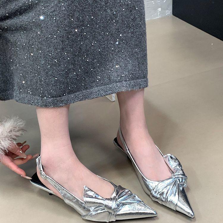 French Medium Heel Bag Head Sandals Women's 2025 New Spring and Summer Pointed Fashion Bow Pointed Fashion Temperament Single Shoes