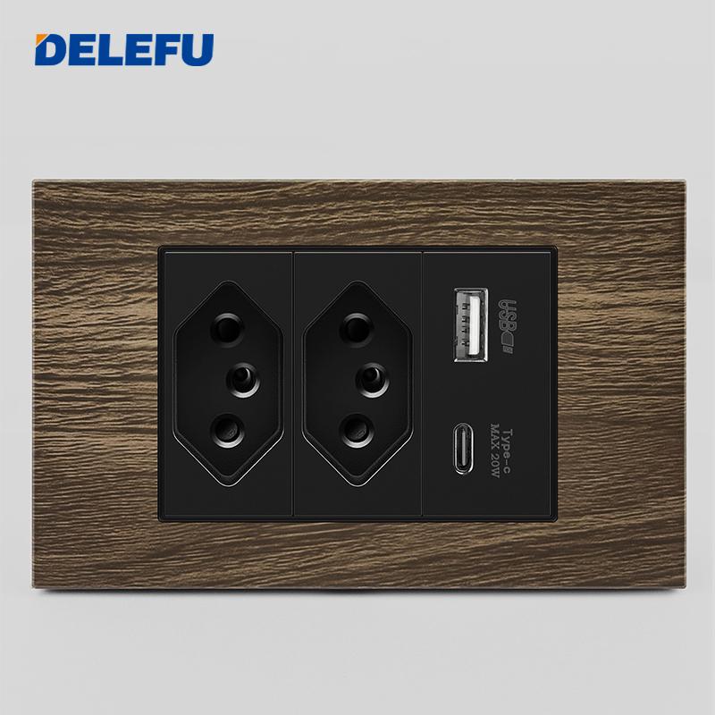 DELEFU Brasilianischer 118er Vintage Aluminium-Holzmaserung Schaltersteckdose mit USB Typ-C Anschluss Netzstecker ist Langlebig.