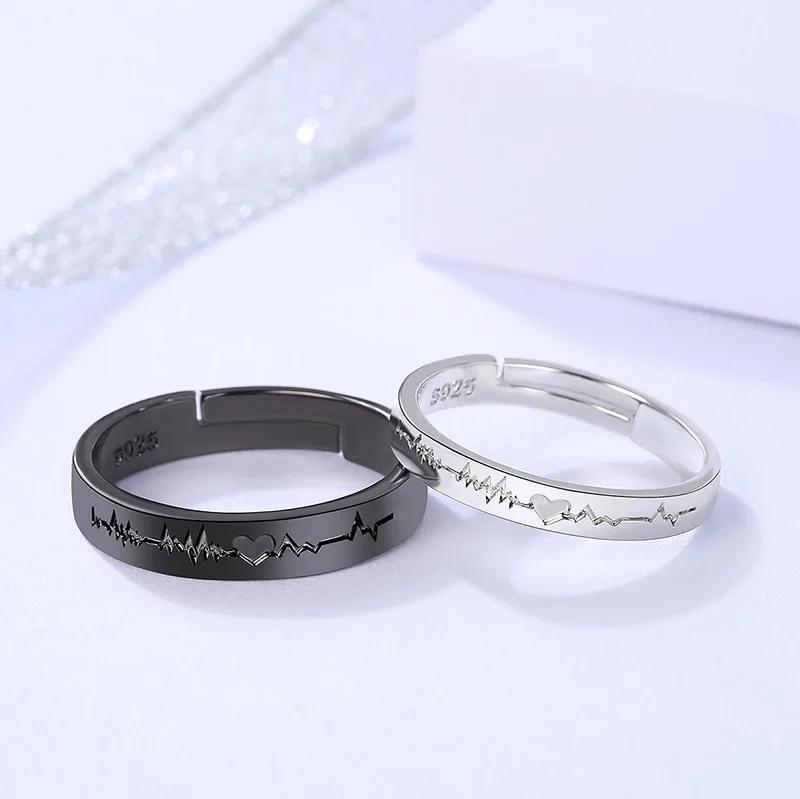 1/2 Stück Romantische Partnerringe für Damen Herren Punk Herz EKG Schwarz Weiß Ewige Liebe Versprechen Ehering Valentinstagsgeschenk