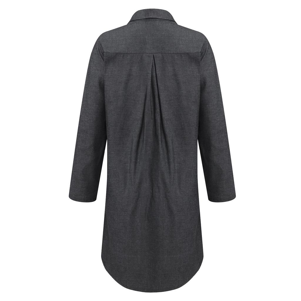 Women's Fashion Casual  Solid Color Lapel Single-Breasted Panel Straight Long Sleeve Loose Pocket  Cotton Shirt Dress