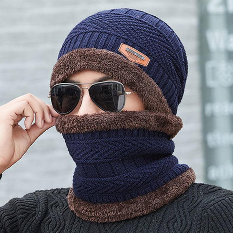 Scaldaorecchie Invernali da Uomo e Cappello in Maglia di Velluto con Protezione per il Collo Ispessita - Set da Due Pezzi
