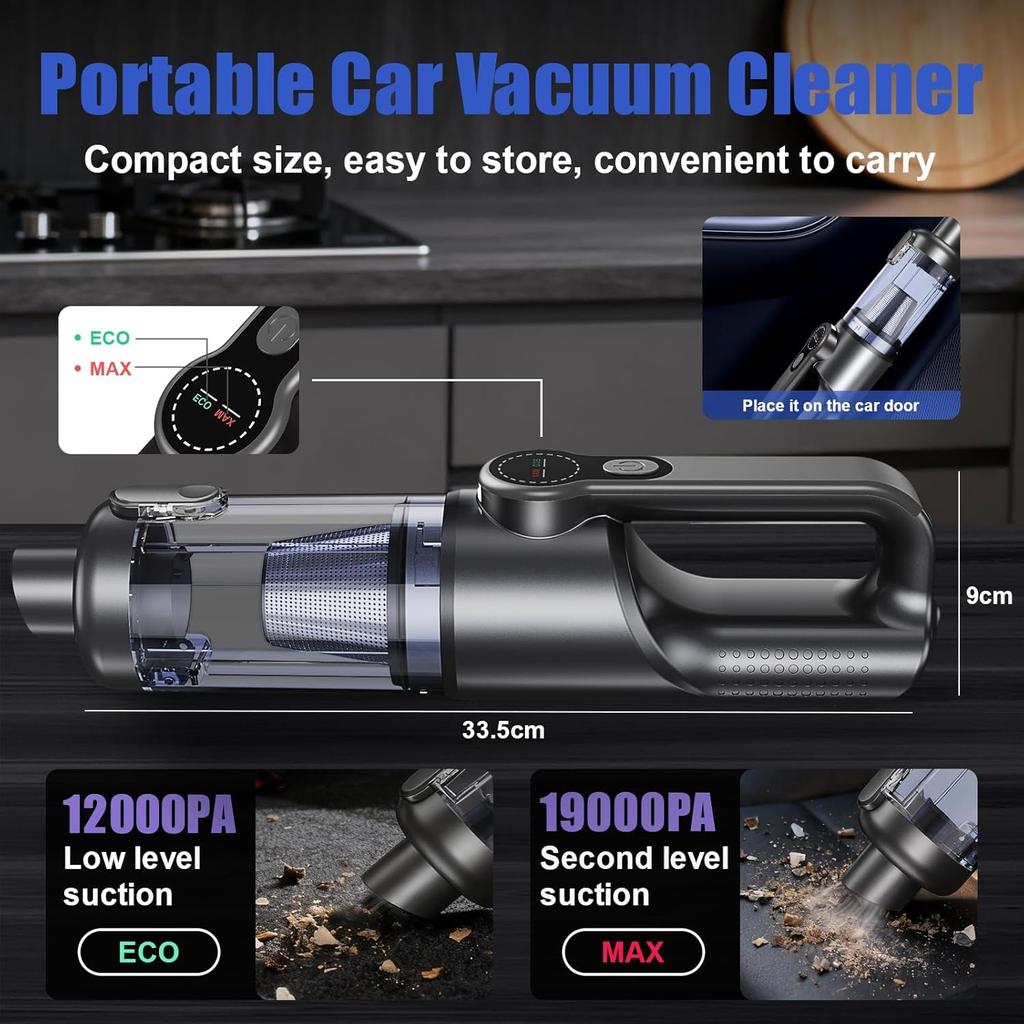 Portable Car Vacuum 19000 Pa Cordless 4-in-1 Handheld with LED Light & Multi-Nozzles, Black