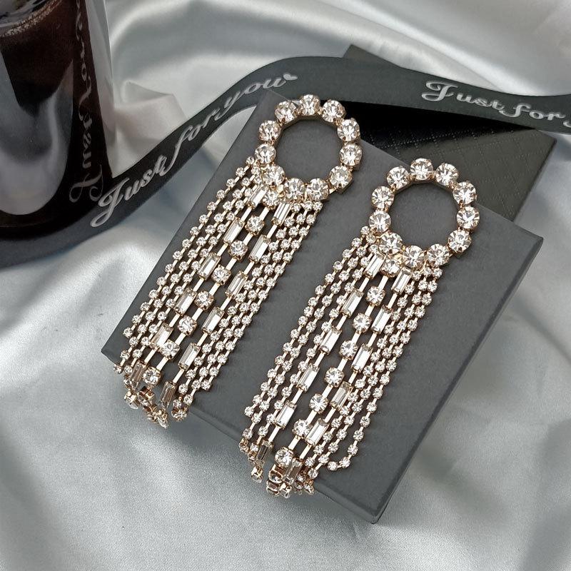 S925 Silver Geometric Rhinestone Tassel Earrings - Sparkling Diamond Round Long Design