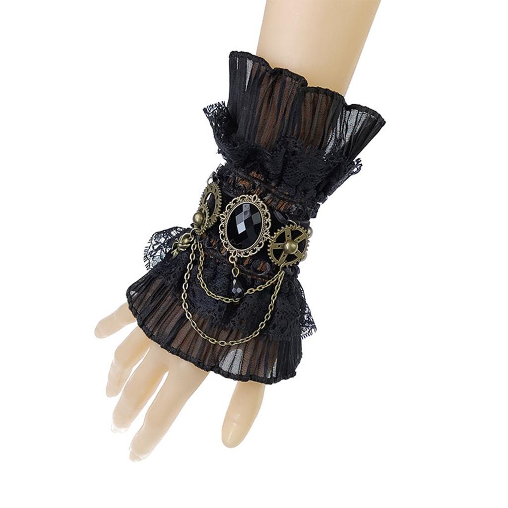 Gothic Steampunk Ruffled Lace Wrist Cuffs Fake Sleeve Crystals Gear Fingerless Gloves Halloween Arm Warmer Bracelet