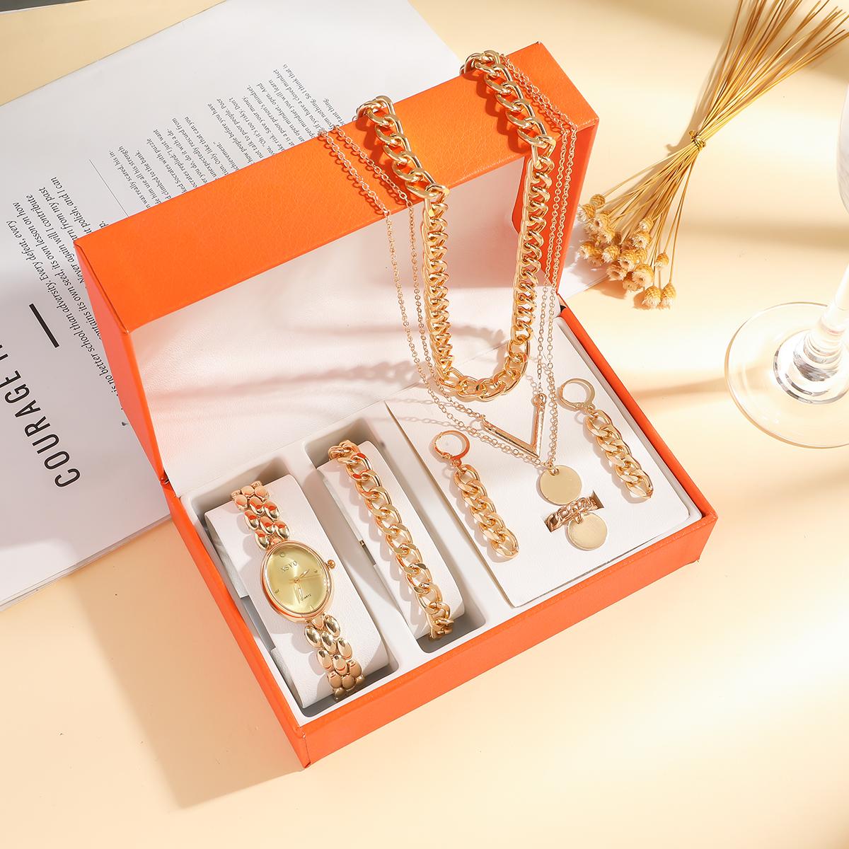 

No gift box; small oval retro simple temperament ladies watch jewelry set of 5 pieces; золотой
