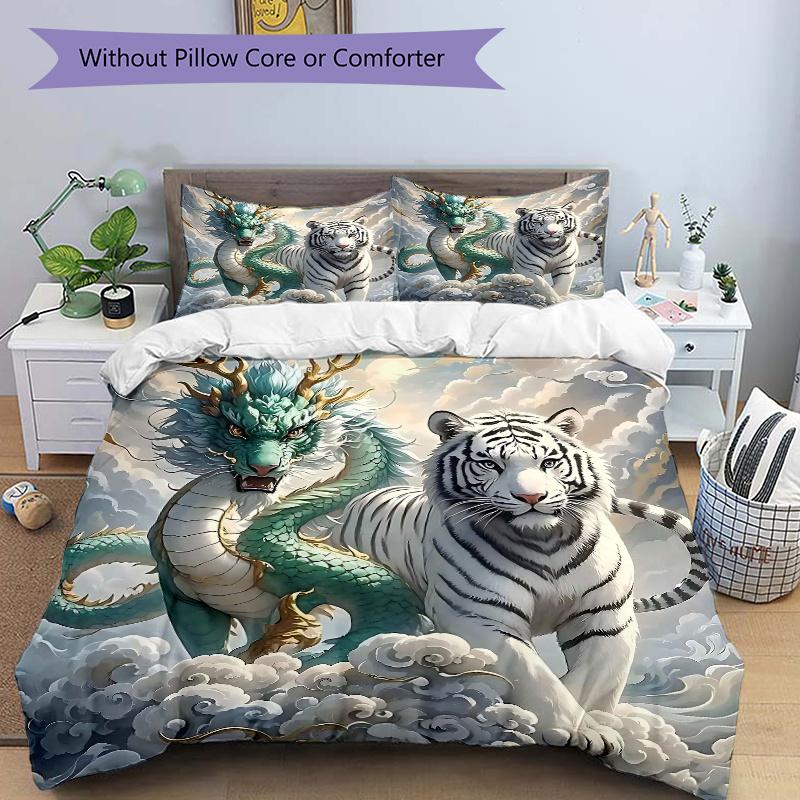 

3 шт. Бирюзовый Дракон и Снежный Тигр, Парящие в Облаках, Комплект Постельного Белья - Включает Пододеяльник и Наволочки, Подходит для Всех Сезонов 135x200cm