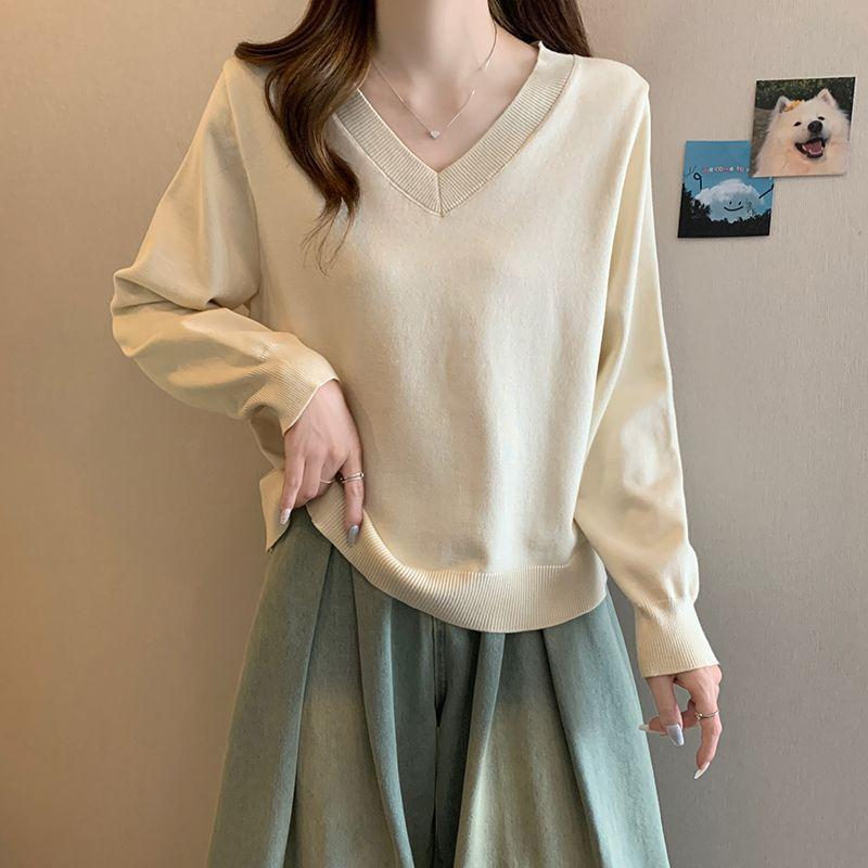 Large size simple V-neck top women s new fat mm loose belly-covering versatile sweater new product l 105-120 catties 3690₽