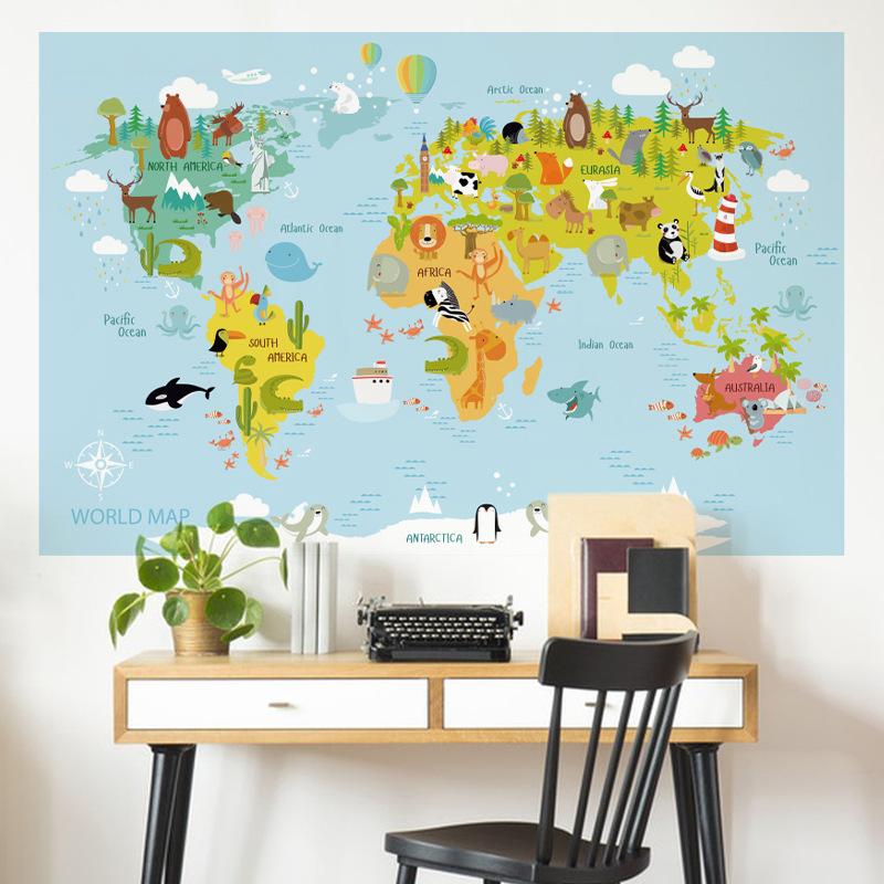 Cartoon Animal World Map Wall Sticker Self Adhesive Kids Room Bedroom Background Kindergarten Classroom Decor