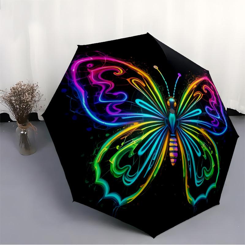 1pc Neon Butterfly Automatic Folding Umbrella Compact Lightweight Travel Umbrella with 8-Rib Sturdy Frame, Windproof & Self009