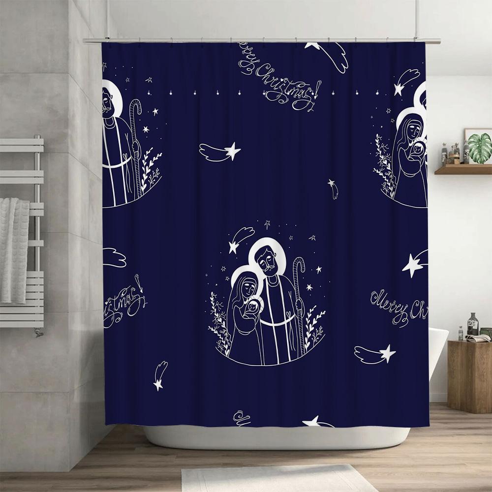 Adorable Blue Christmas Shower Curtain Festive Religious Design with Holy Family Icons for Home Decoration