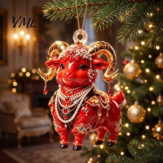 Holiday Car Interior Decor 2D Acrylic Goat Christmas Hanging Ornament, 3.15 Inch Farm Animal Xmas Tree Lightweight Crafts Decoration for Rear