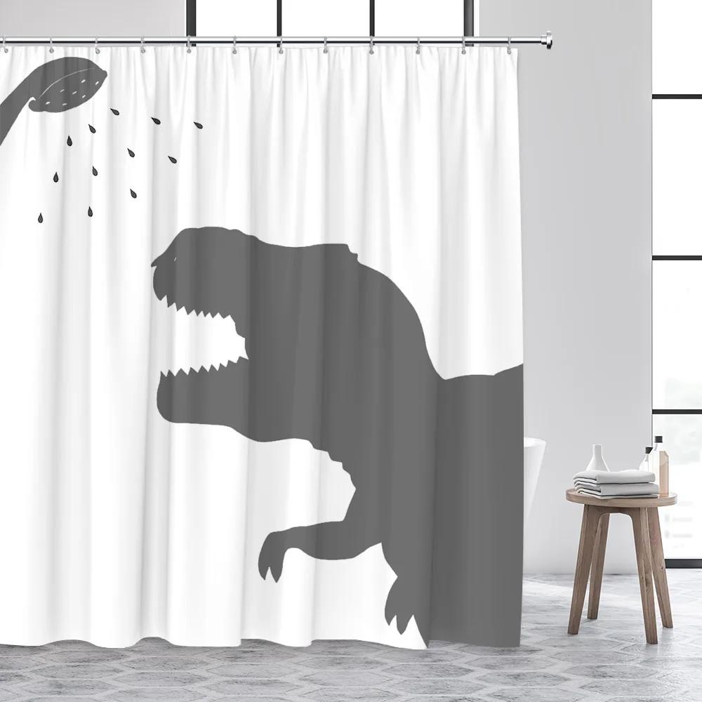 Funny Animal Shower Curtain, Black and White Wildlife Elephant Dinosaur Shower Cartoon Cat Polyester Fabric Bathroom Decor Set