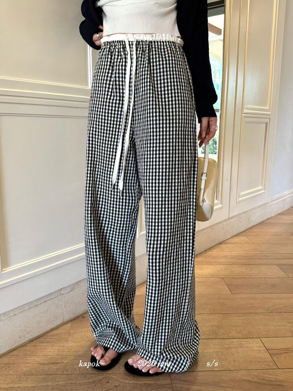 Thirteen Rows Black & White Plaid Drawstring Patchwork Pants Medium