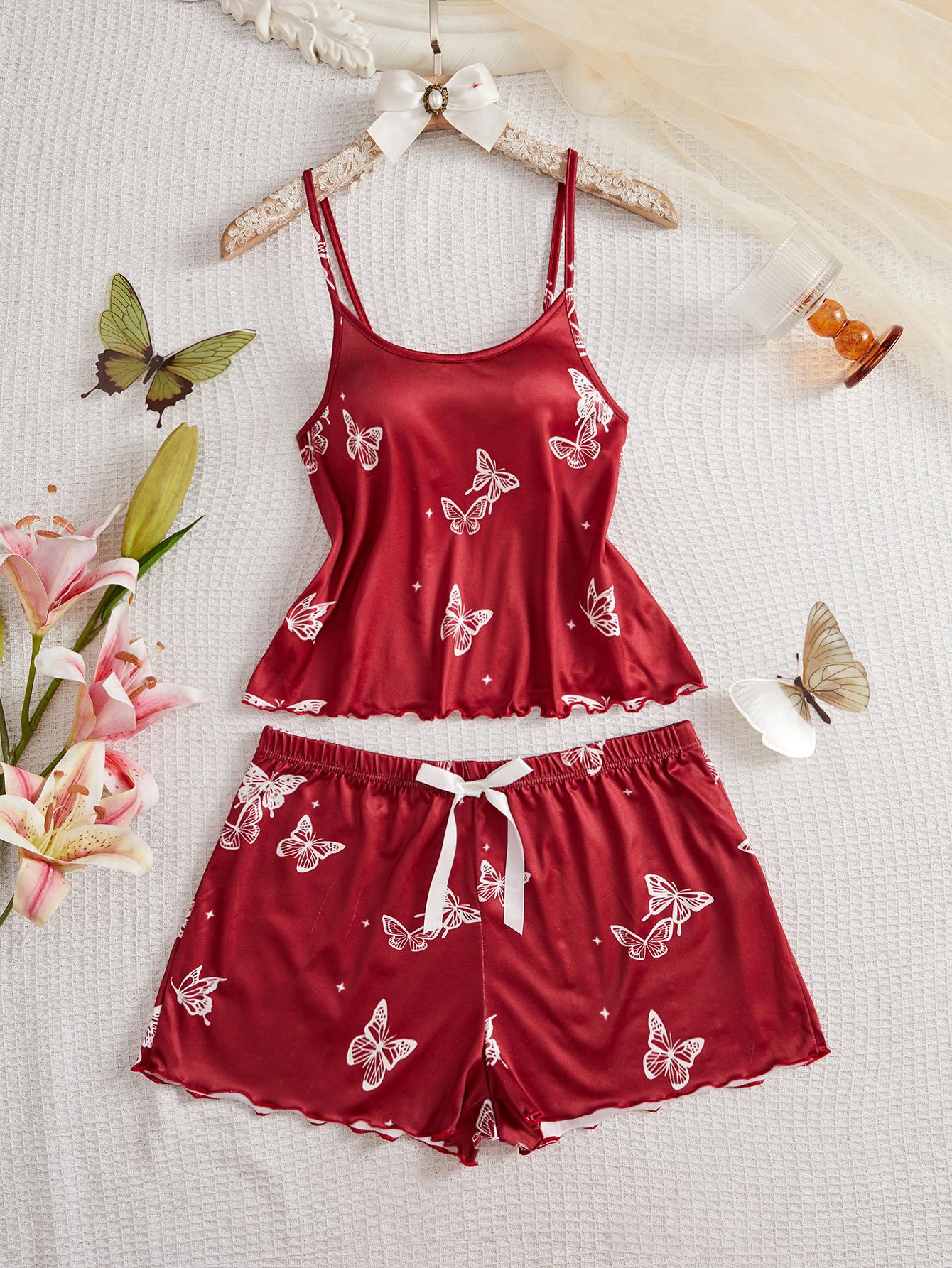 

Silky skin-friendly, sweet and cute butterfly print, sexy and attractive suspender nightdress two-piece set S