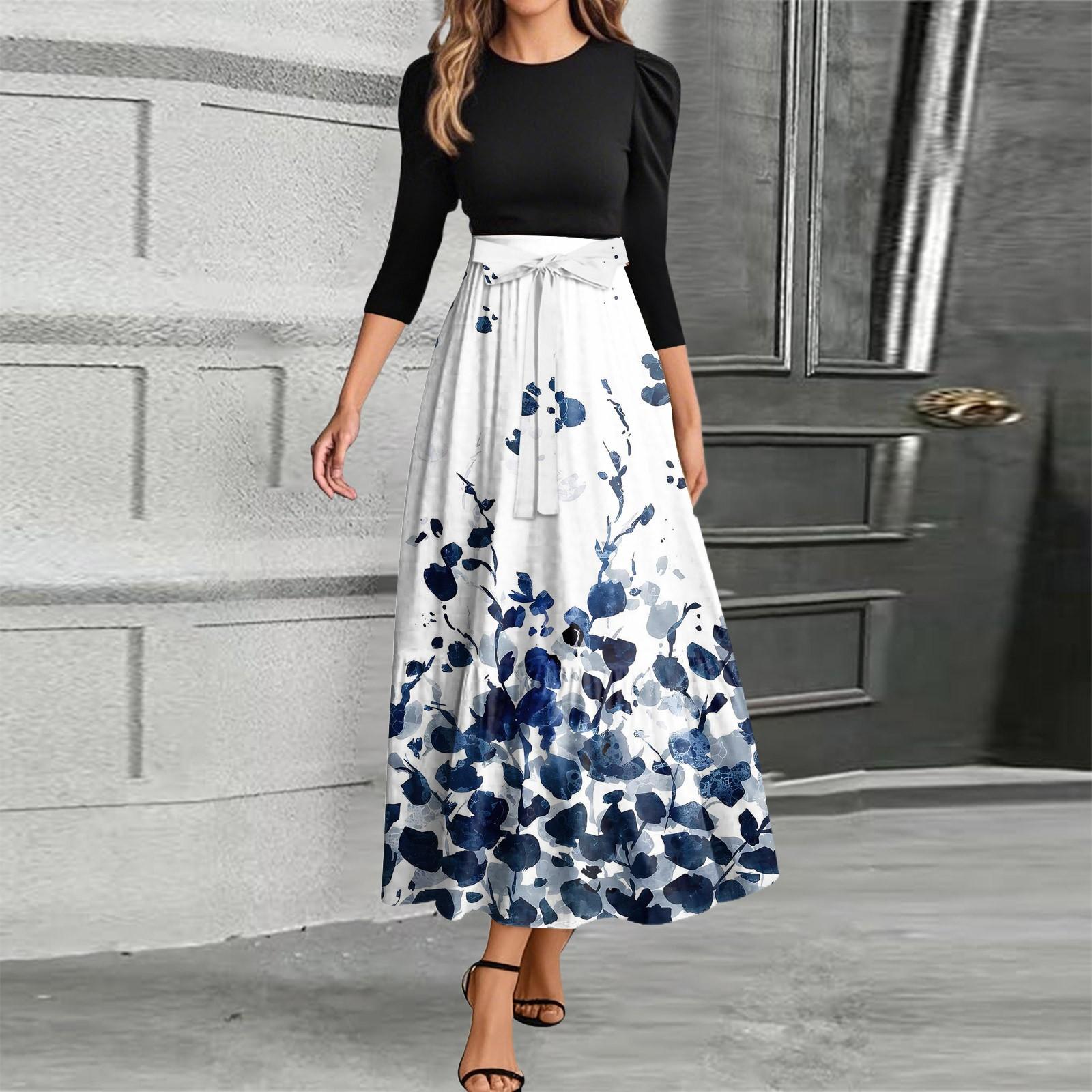 

Women s Fashion Casual Belt Round Neck Floral Stitching Elegant Temperament Three-quarter Sleeve Dress S синій