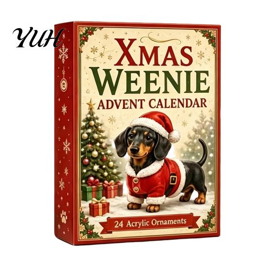Hunde-Thema Feiertagsgeschenk 2026 Weihnachten Dackel Adventskalender, 24-Tage Countdown Spielzeugset mit Mini-Box-Figuren, Acryl-Ornament-Sammlung,