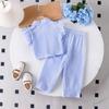 Girls' Fashionable Blue Suit for Summer Children's Casual Striped Flared Short-sleeved Loose Pants Set of Two Pieces