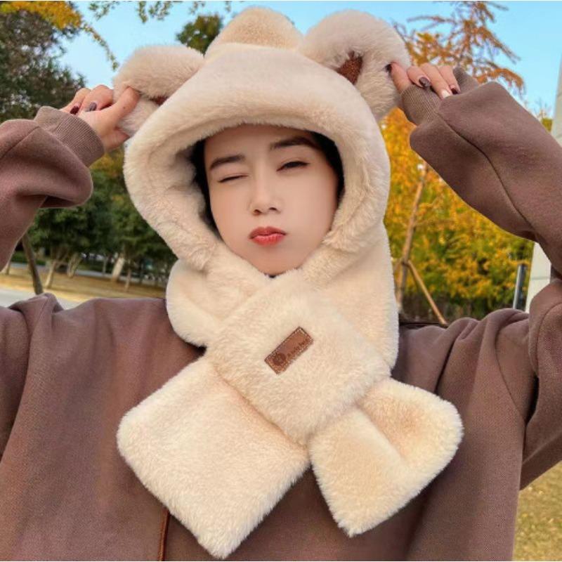 Plush Hat and Scarf All in one Women's Autumn and Winter Outdoor Cycling Thickened Warm Windproof Ear Protection Cute Bear Two Piece Set