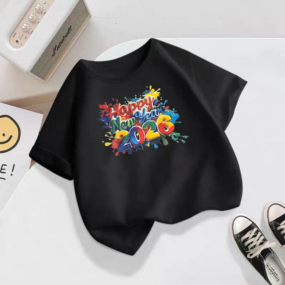 Happy New Year 2026 unisex printed T-shirt for children s casual and comfortable short sleeved T-shirt 140