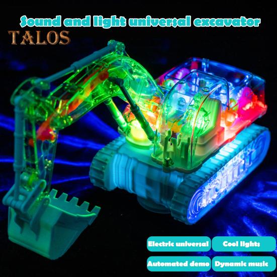 Clear Mechanical Gear Excavator Toy with Colorful LED Lights Music Movable Digging Arm Electric Construction Vehicle Toddlers Boys Educational