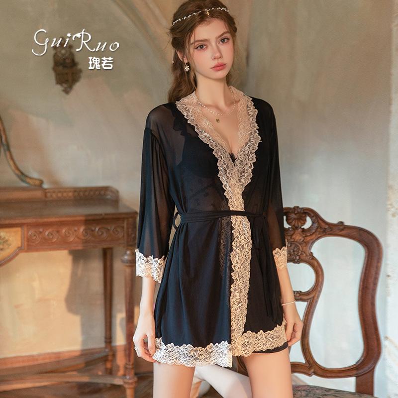 Women's Lace Trim Cutout Padded Backless Sleep Dress with Robe Lounge Set