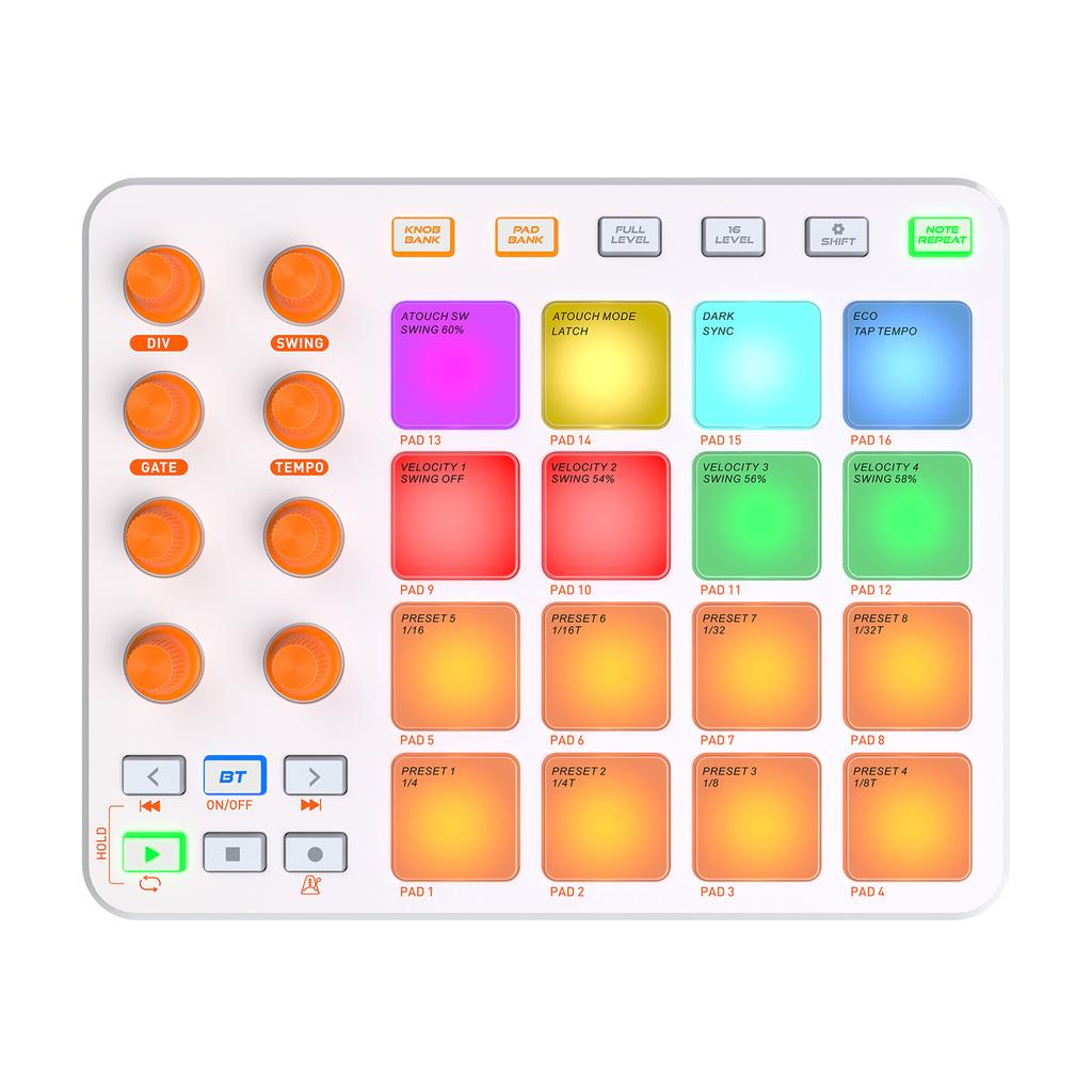 MIDI Controller Wireless MIDI Keyboard Pad 16 RGB Pads 6 Customizable Buttons 8 Knobs Rechargeable PC Mobile App Support for Beginners