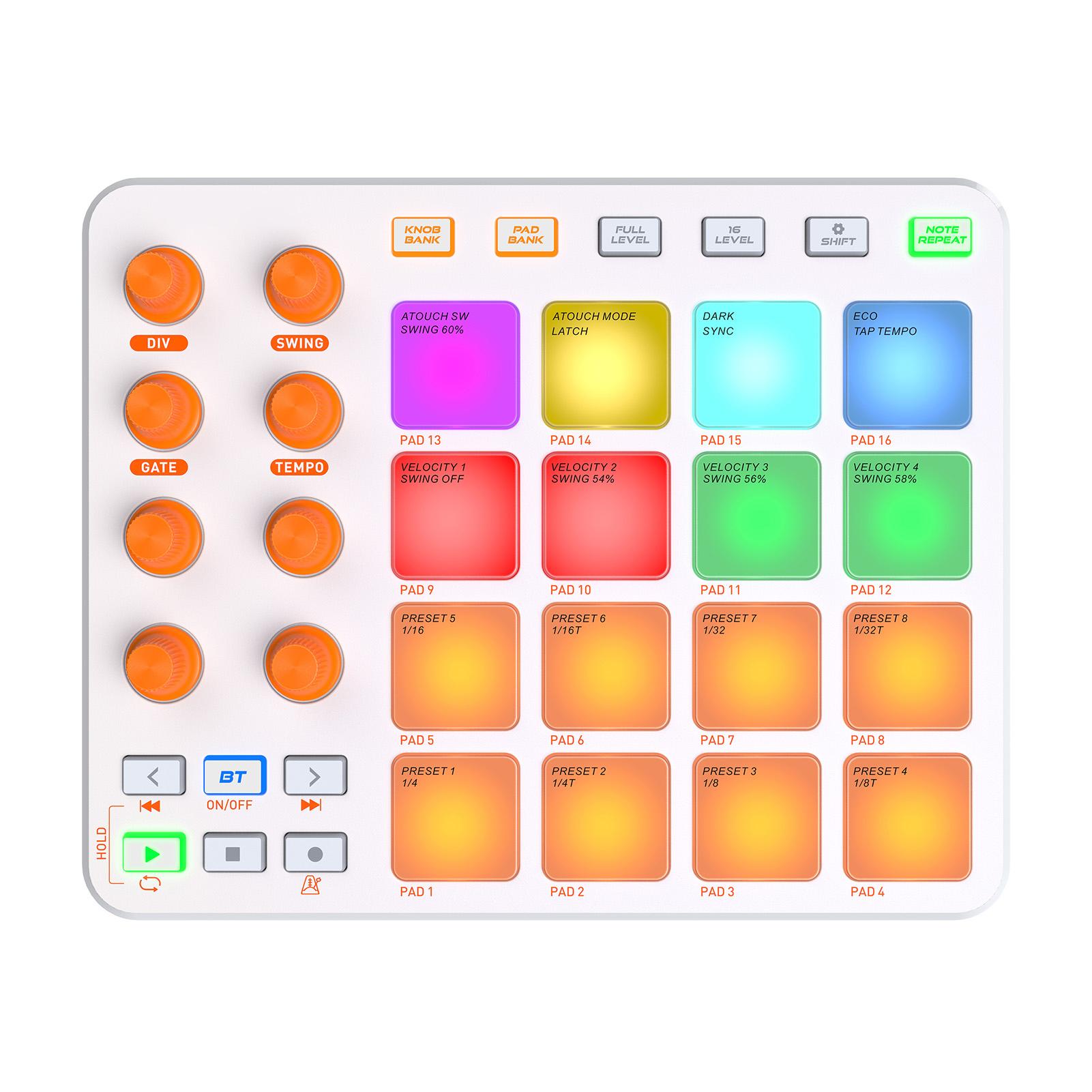 

Беспроводной MIDI-контроллер MIDI-клавиатура пэды 16 RGB-пэдов 6 настраиваемых кнопок 8 ручек Перезаряжаемый Поддержка ПК Мобильное приложение для начинающих