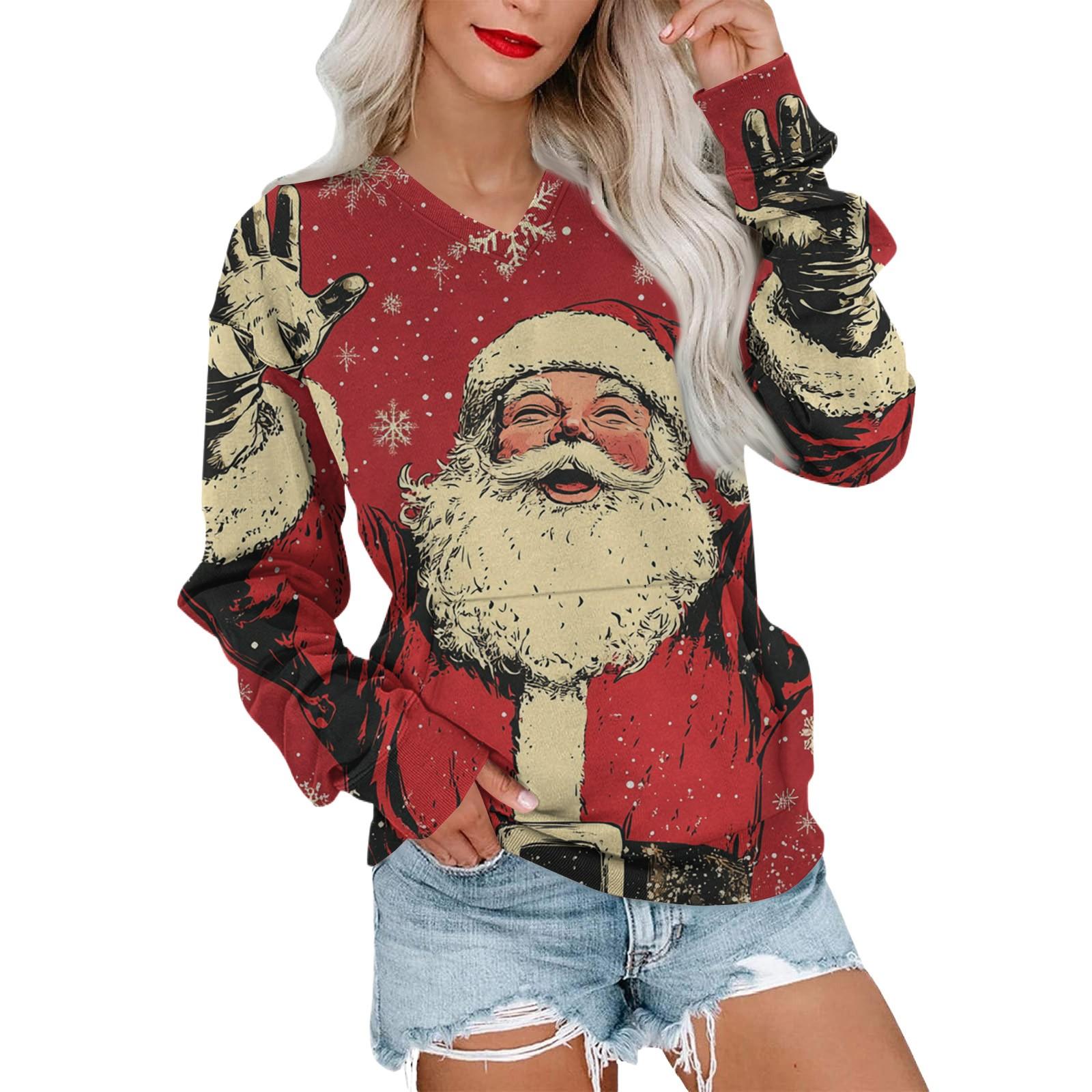 

Женская рождественская толстовка с V-образным вырезом, длинный рукав, повседневный легкий пуловер XL