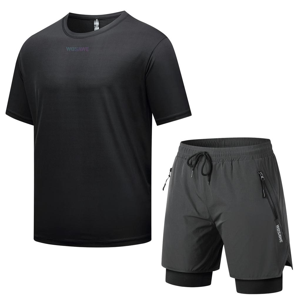 WOSAWE Męska i Damska Koszulka z Krótkim Rękawem na Rower Górski Outdoorowy Jazda na Rowerze Zestaw Spodenek MTB 2 w 1 z Wkładką