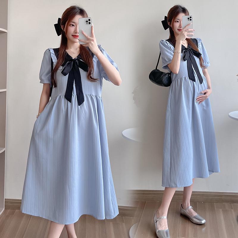 2026 Summer College-Style Maternity Dress with Doll Collar – Slimming, Flaw-Concealing, and Mid-Length Design