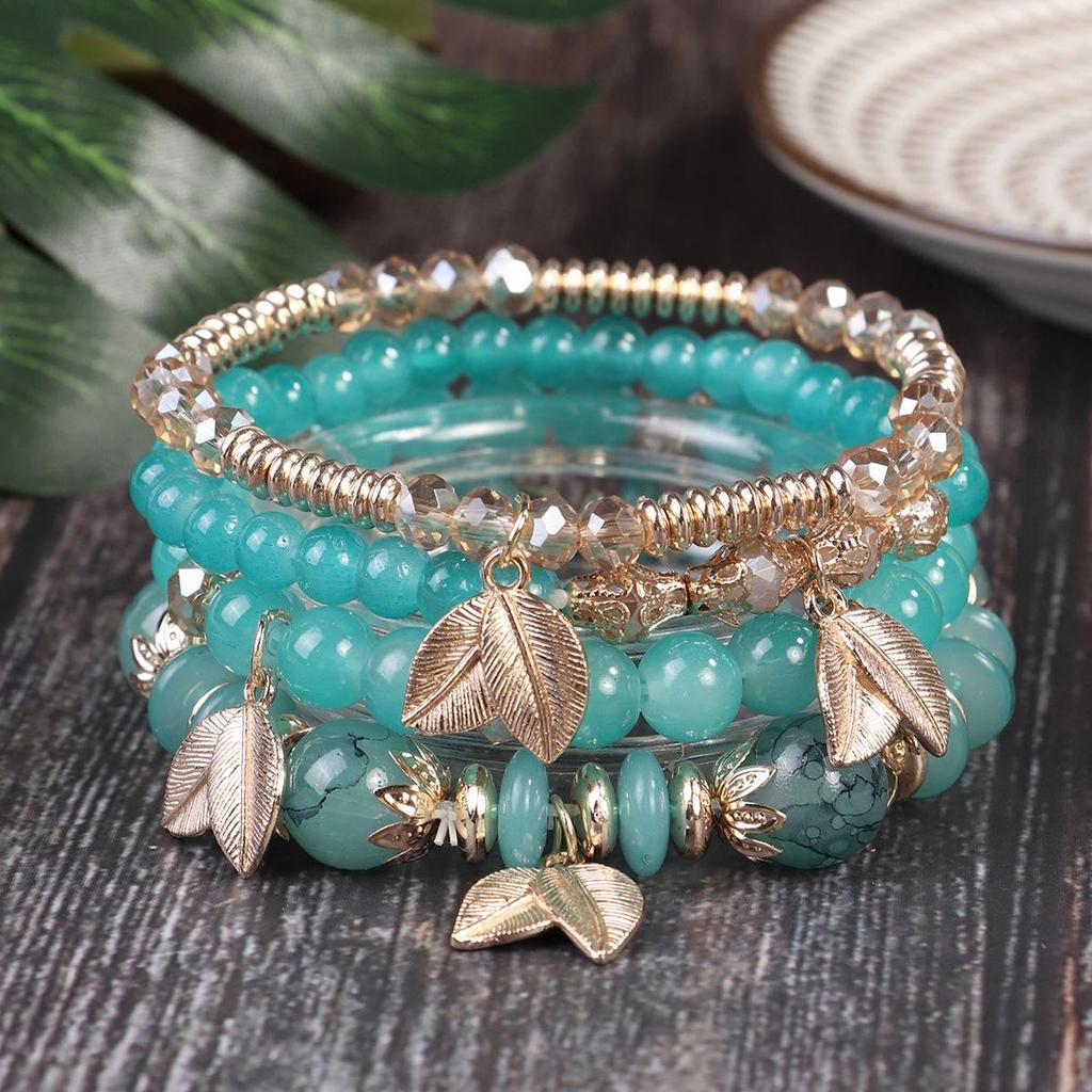 Bohemian Retro Beaded Bracelet with Leaf Pendant and Crystal Accents