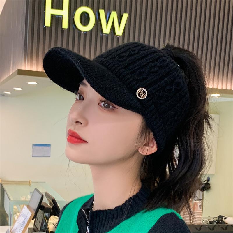 Women's Autumn and Winter Empty Top Hat Versatile Knitted Rabbit Wool Hat Fleece Thickened Thermal Ear Protection Duck Tongue Baseball Cap