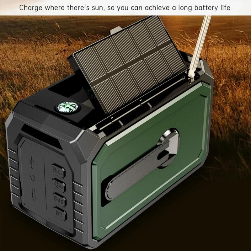 Utendørs Overlevelse Værradio AM/FM/WB NOAA Solcelle Håndsveiv Oppladbar Powerbank Bluetooth-kompatibel Høyttaler SOS-alarm
