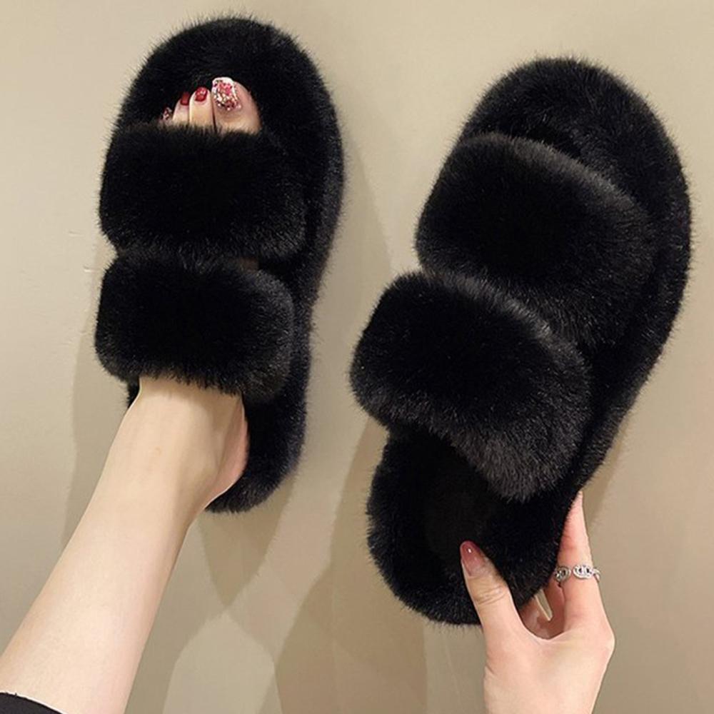 Damen Weiche Plüsch Doppelriemen Hausschuhe Fell Gemütliche Winter Pantoletten