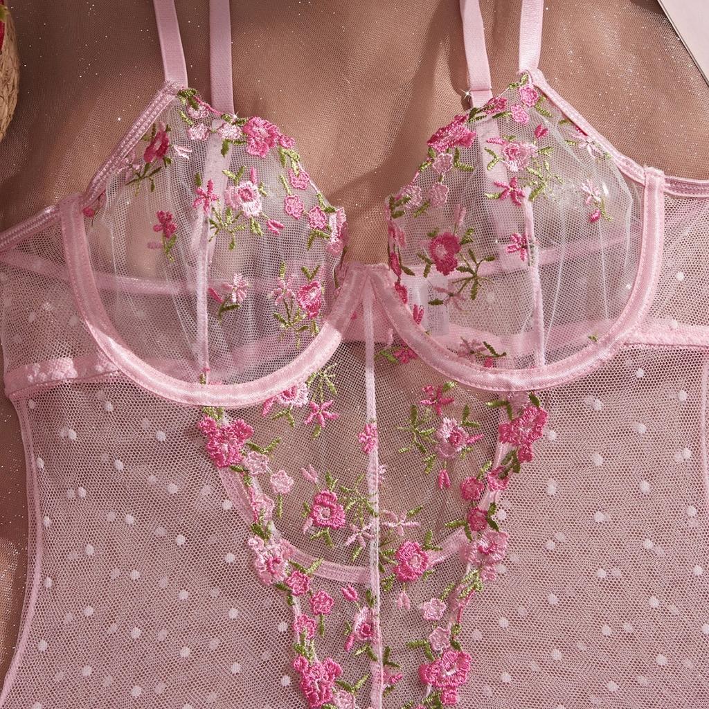 New Hot High Quality Lingerie, Sexy, Light, Transparent Lace, Floral Embroidery, Pink Pure Desire One-piece