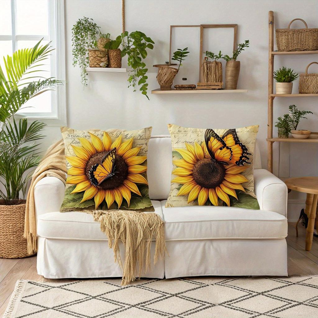 Vintage - Style Sunflower - Butterfly Pillow CoversLiving Room Sofa Cushion Cover, Soft and Comfortable, Bedroom Room Decoration