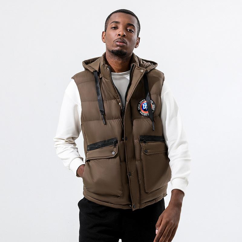 

Мужской пуховый хлопковый жилет большого размера со съемным капюшоном, флисовый утолщенный многокарманный зимний жакет мужской XXXXL темно-коричневого