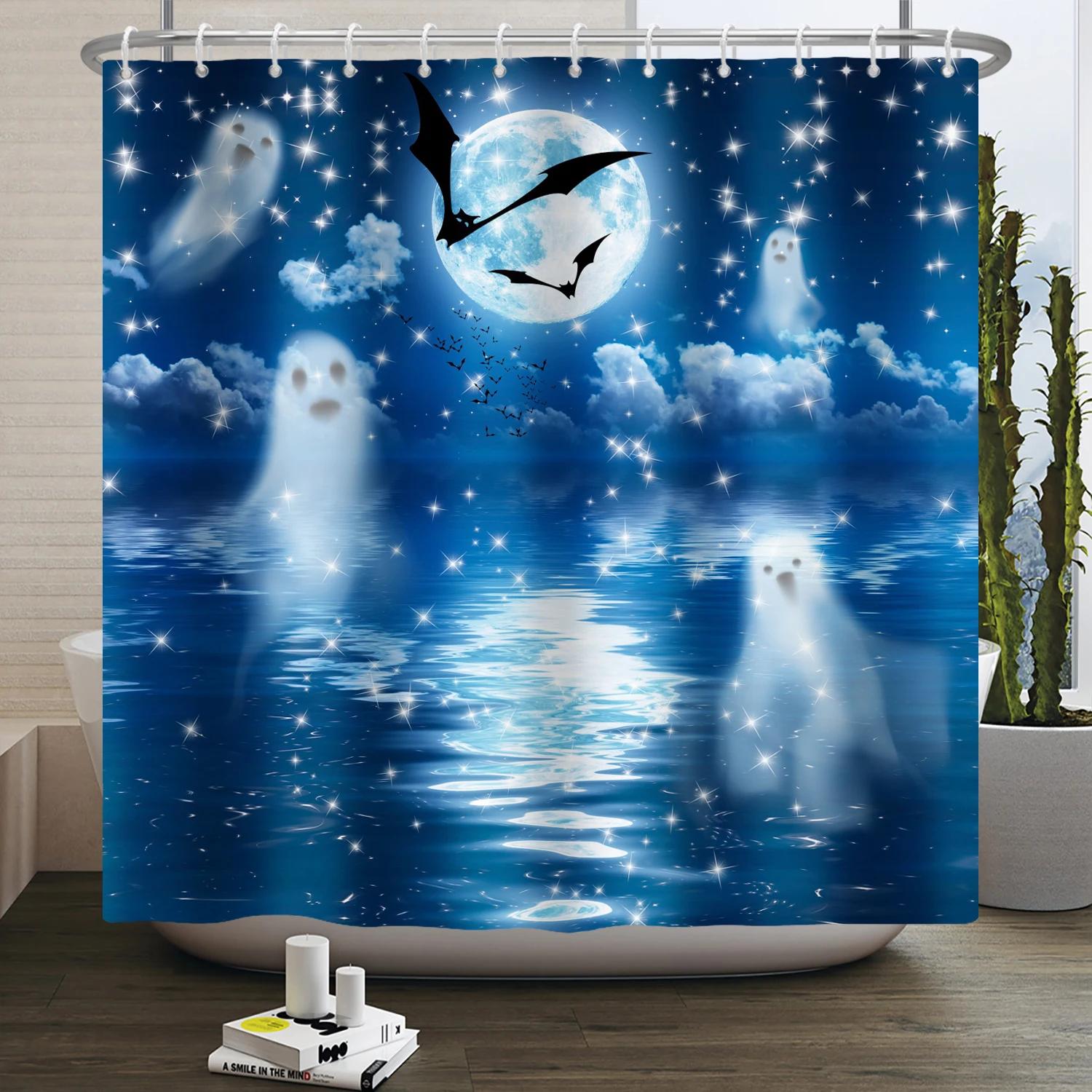 

Halloween Shower Curtain Horror Moon Night Pumpkin Skull Skeleton Scary Castle Witch Ghost Cemetery Waterproof Bathroom W60H190(CM)-1 Pcs
