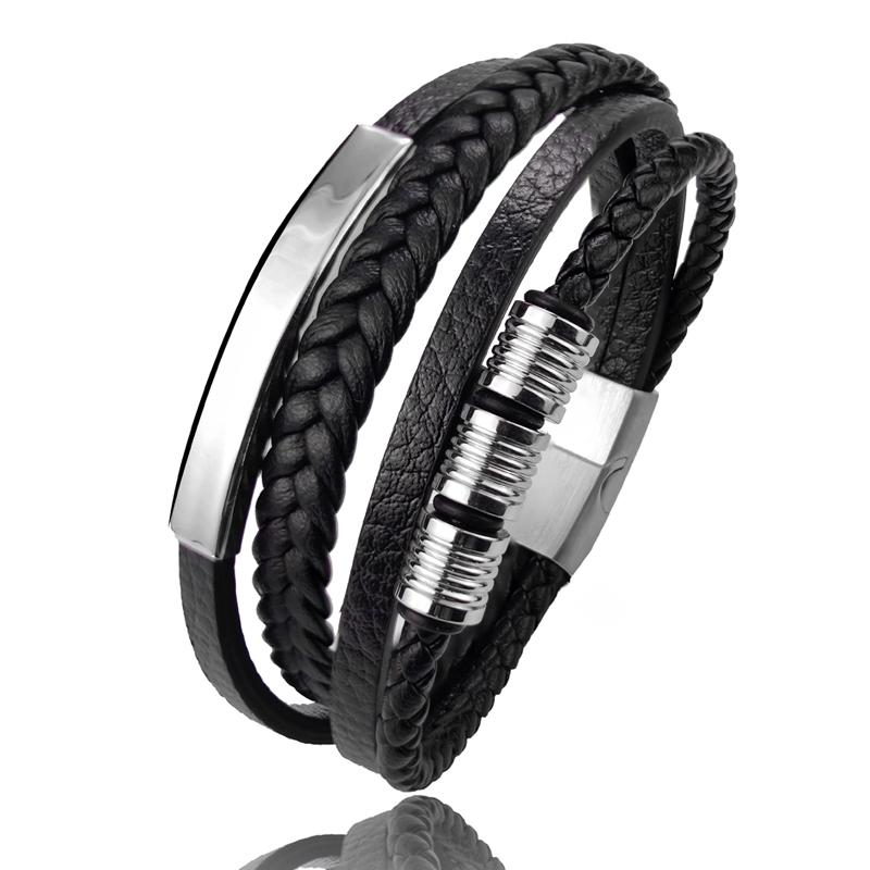 

Stainless Steel Beads Luxury Charm Men Bracelet Magnetic Clasp Braided Mutilayer Leather Wrapping Punk Bangles Man Jewelry Gift 18.5cm серебряный