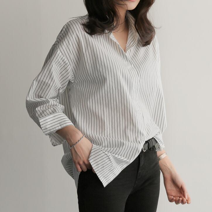 Women's Spring/Summer Mid-Length Loose-Fit Long-Sleeve Shirt with Vertical Stripes, Button-Down Polo Collar, and Business-Casual Style