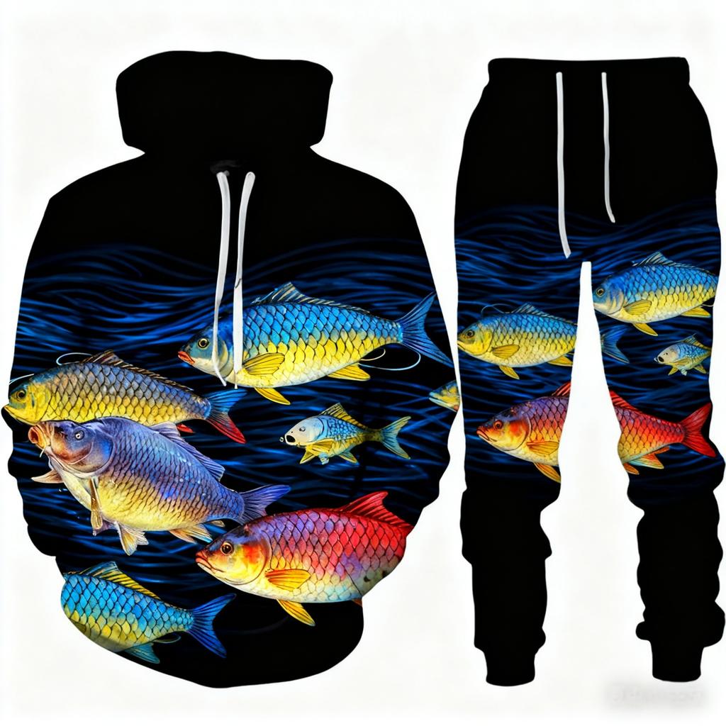 Popular Bass Fishing 3D Print Unisex Hoodie Pants Suit Men Long Sleeve Tracksuit Outfit Casual Outdoor Hunting Camping 2Pcs Sets