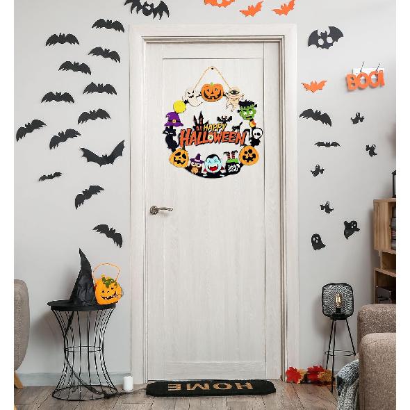 Halloween Decorations Wooden Pumpkin Ghost Door Wreath for Front Door Sign, Cute Happy Halloween Door Hanging Sign Outdoor Indoor Wall Home Decor