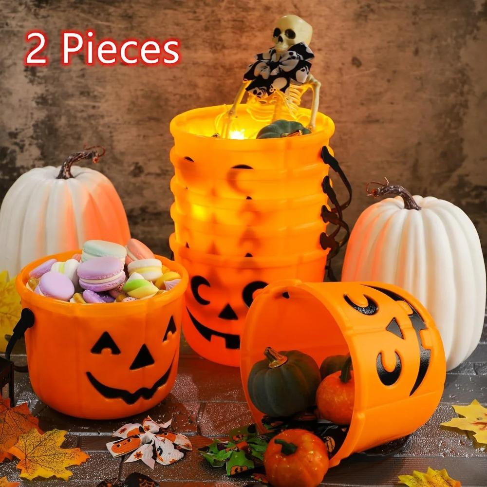Halloween Trick or Treat Buckets Pumpkin Candy Basket Plastic Pail Candy Holder with Handle Orange Jack-o'-Lantern Party Favors
