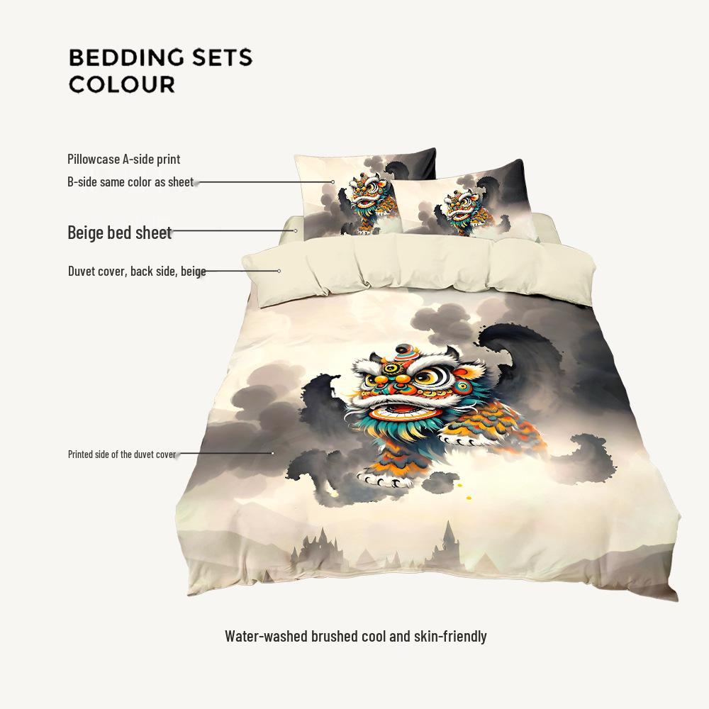 Cool Lion Dance Four-Piece Chinese Style Duvet Set for Boys' Bedroom or Dorm