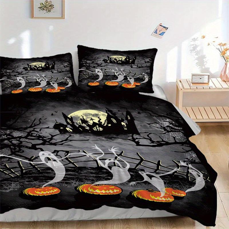 3pcs Halloween Ghosts Bedding Set Down Comforter Cover and Pillowcases, Suitable for All Seasons(No Insert)-0729076